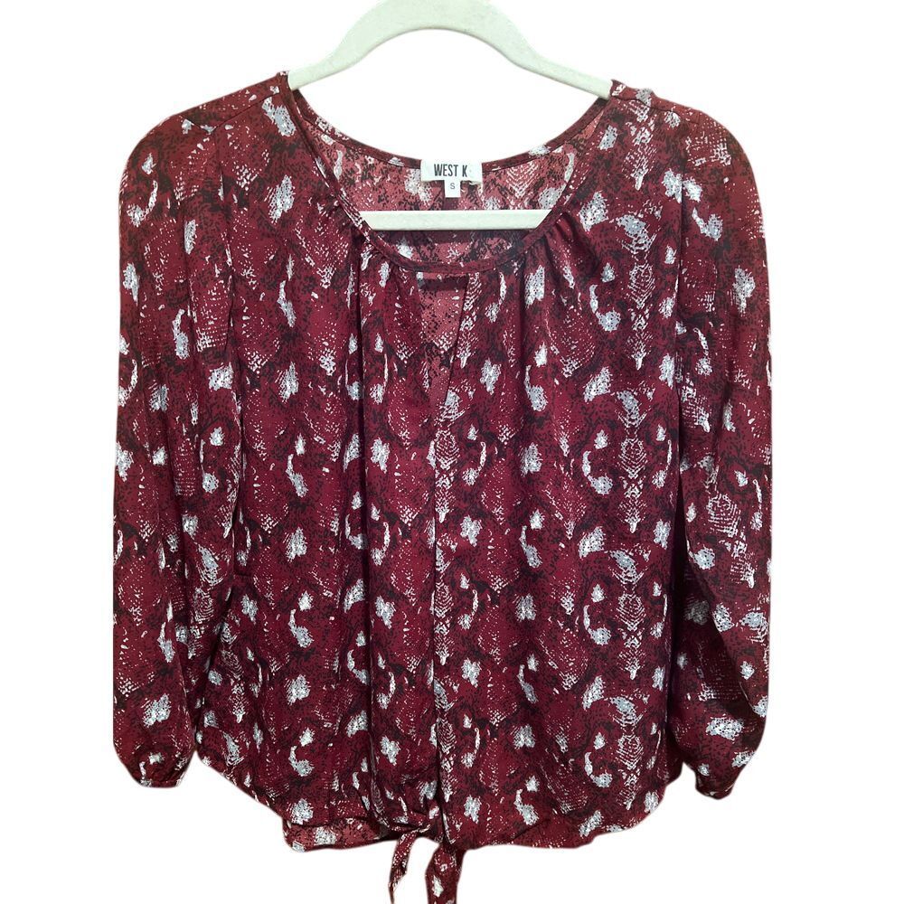 West K Burgundy Abstract Print Tie Front Long Sleeve‎ Blouse Size S